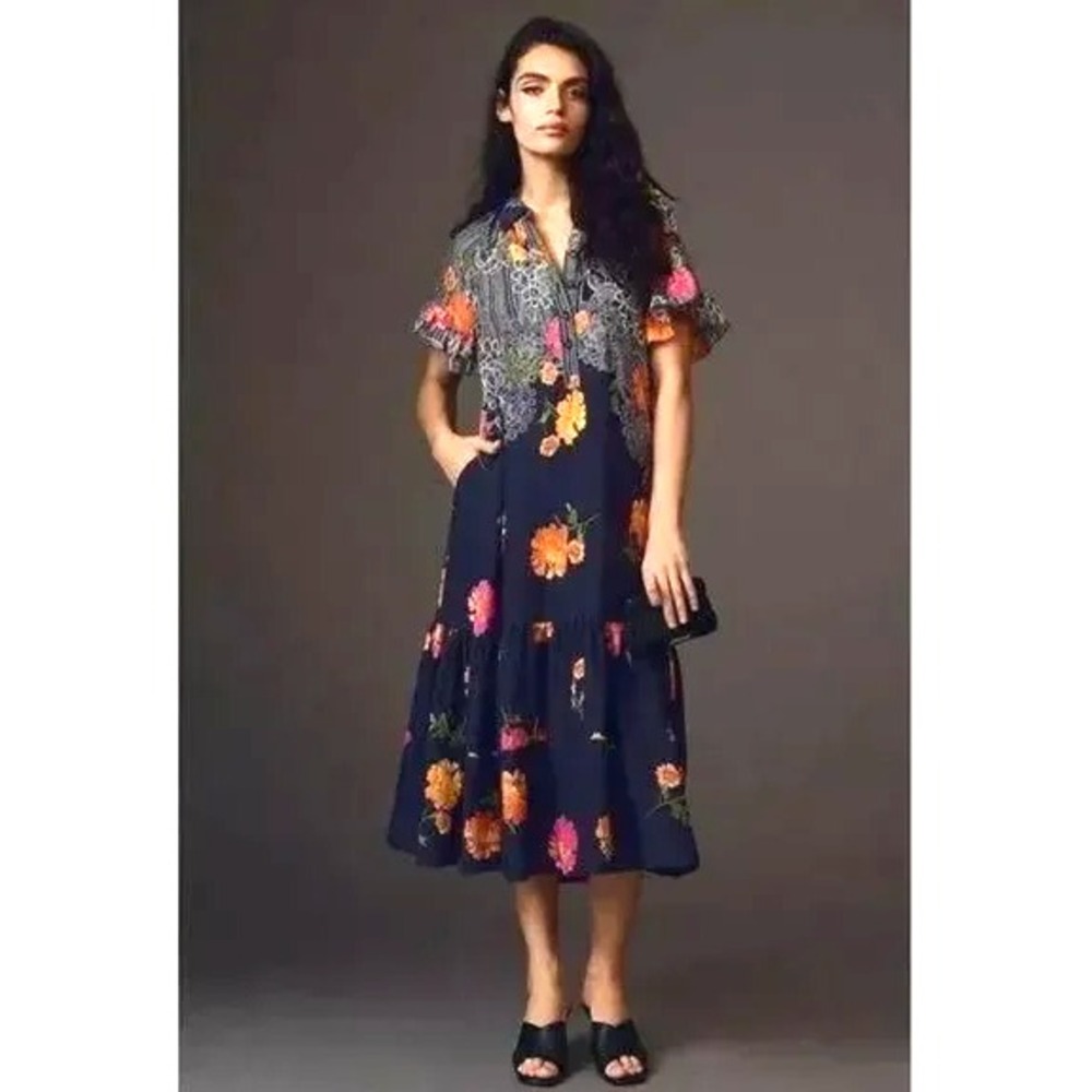 Anthropologie Floral Motif Ruffle Sleeve Midi Dress Size S‎ Blue Boho Flowy